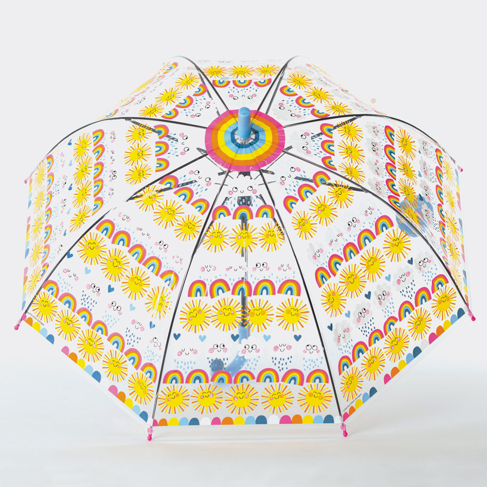 Sun rainbows and clouds umbrella shown fully open from above with rainbow striped border and sun pattern