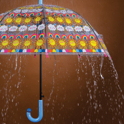 Sun rainbows and clouds childrens umbrella displayed showing rainbow and sunshine design on clear dome