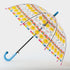 Childrens umbrella with sun, rainbows and clouds design featuring yellow suns, colorful rainbows on clear see-through dome