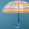 Sun rainbows and clouds umbrella displayed open showing full rainbow, sun and cloud pattern across dome