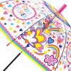 Close-up of girl power childrens umbrella featuring colourful hearts, clouds, stars.