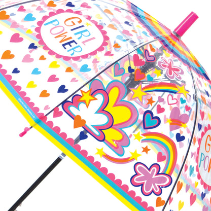 Close-up of girl power childrens umbrella featuring colourful hearts, clouds, stars.
