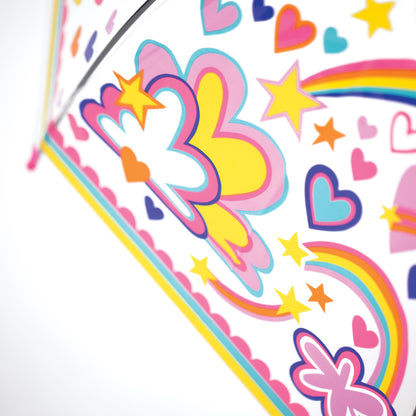 Close-up of girl power childrens umbrella featuring colourful hearts, clouds, stars.