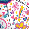 Close-up of girl power childrens umbrella featuring colourful hearts, clouds, stars.