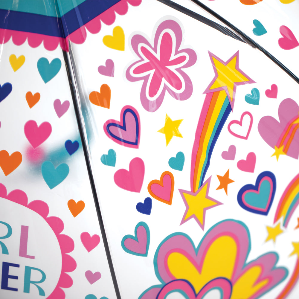 Close-up of girl power childrens umbrella featuring colourful hearts, clouds, stars.