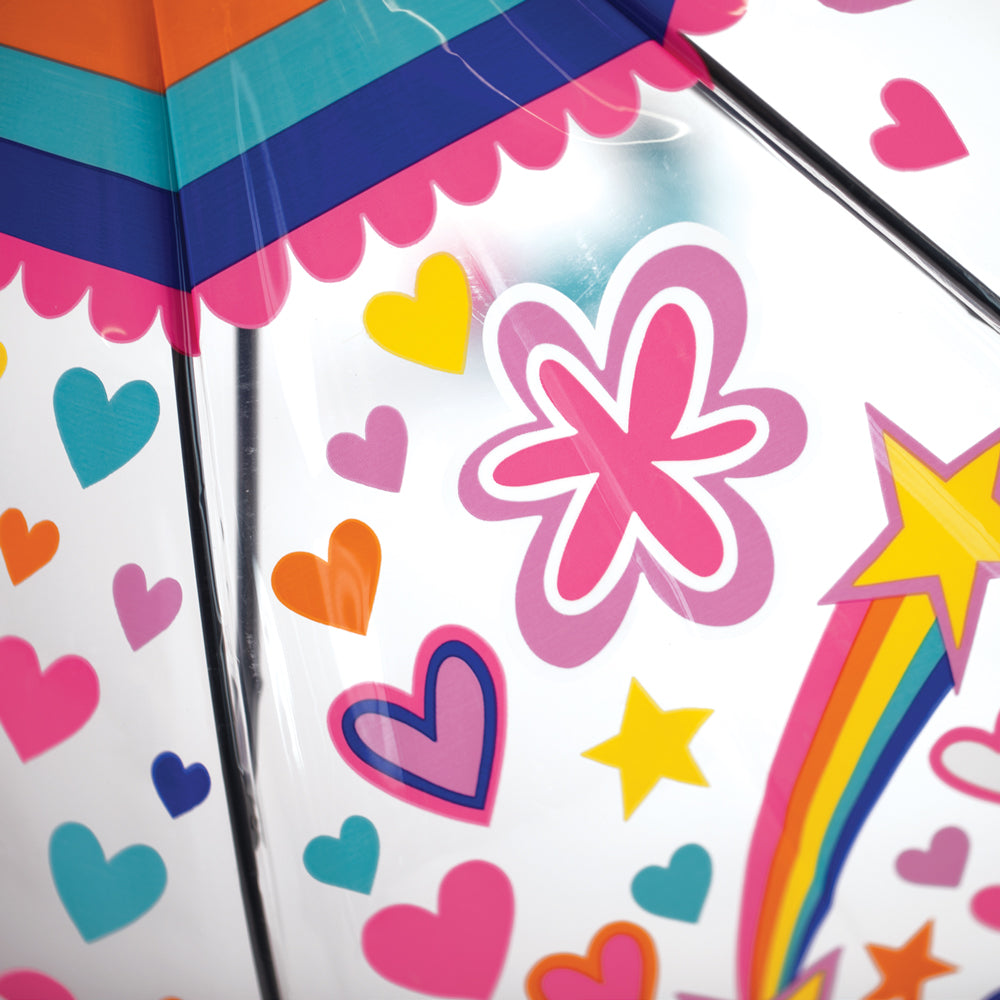 Close-up of girl power childrens umbrella featuring colourful hearts, clouds, stars.