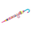 Girl power childrens umbrella shown closed with colorful pattern visible and blue and pink handle.