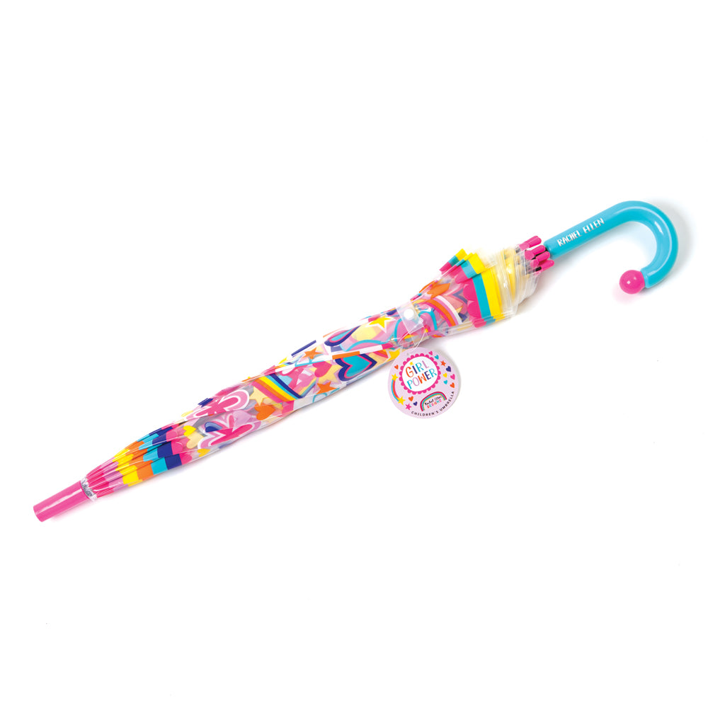 Girl power childrens umbrella shown closed with colorful pattern visible and blue and pink handle.
