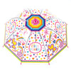 Girl power umbrella shown fully open from above with rainbow striped border and colorful pattern