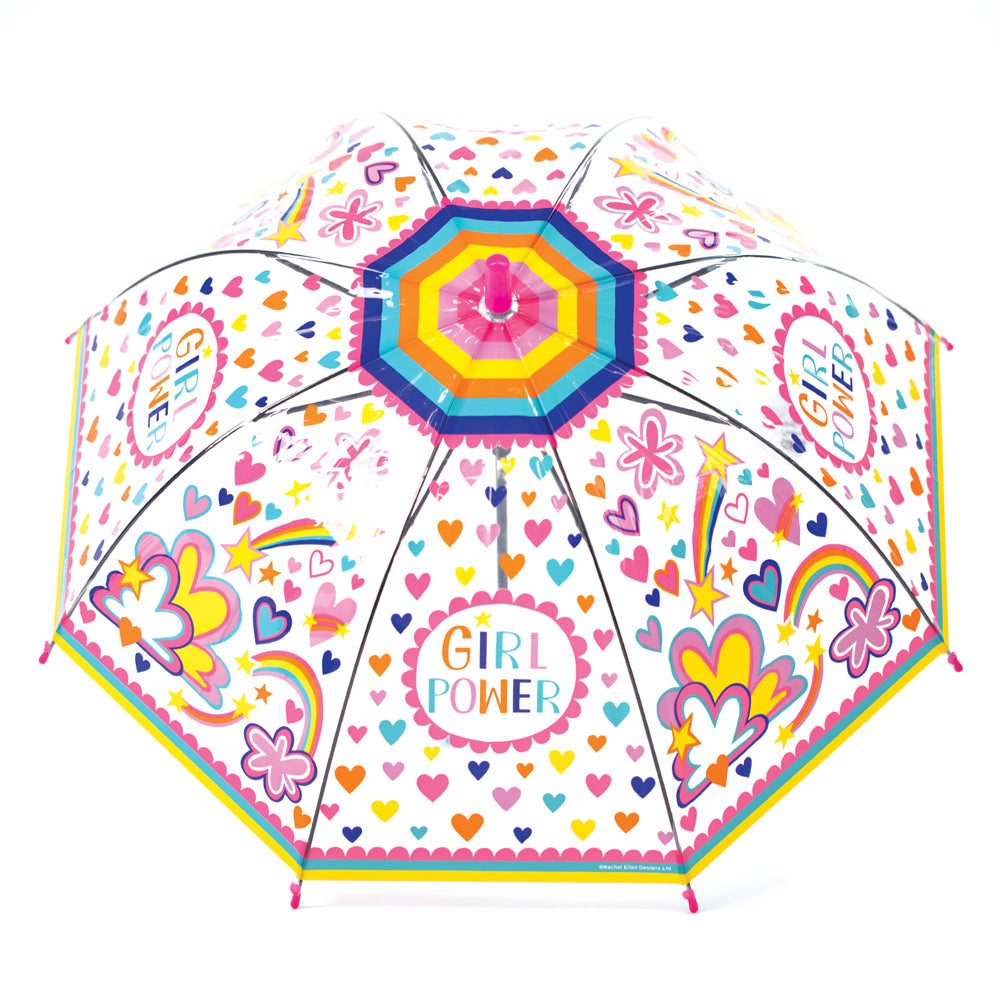 Girl power umbrella shown fully open from above with rainbow striped border and colorful pattern