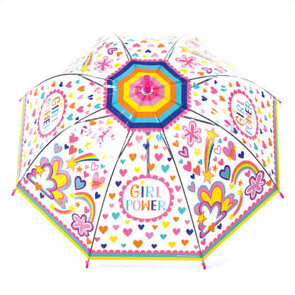 Girl power umbrella shown fully open from above with rainbow striped border and colorful pattern