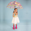 Child wearing pink wellies holding girl power umbrella showing full dome coverage