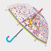 Childrens umbrella with girl power slogan, colorful hearts, clouds, stars and rainbow border on clear see-through dome.
