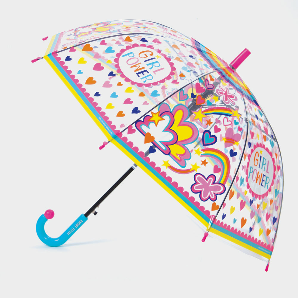 Childrens umbrella with girl power slogan, colorful hearts, clouds, stars and rainbow border on clear see-through dome.