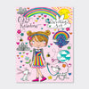 A colorful children's writing set packaging featuring a cartoon girl, rainbow, flowers, and a dog with the text 'Over the Rainbow Writing Set'.