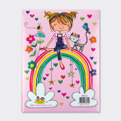 Back cover of Over the Rainbow letter writing set showing contents - lined paper and envelopes
