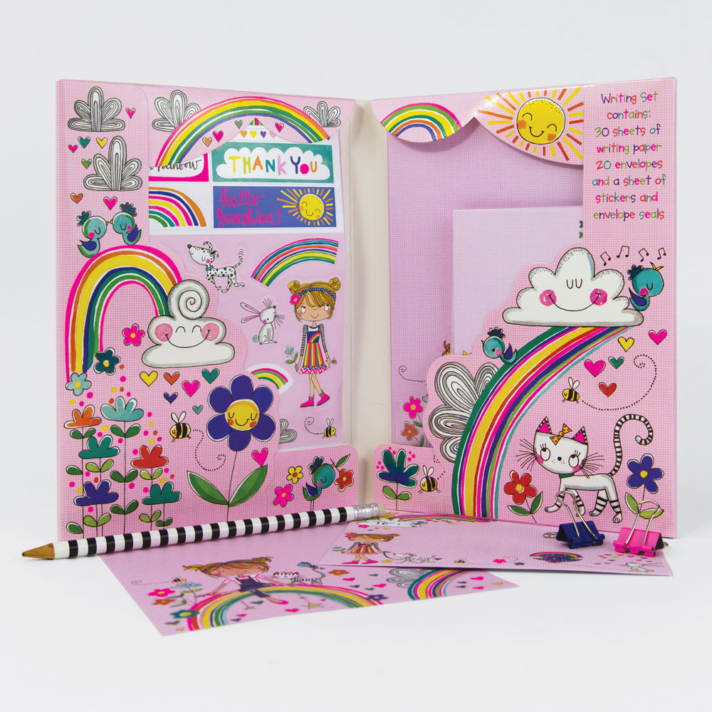 Over the Rainbow girls writing set displayed with stationery and rainbow decorations
