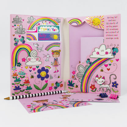 Over the Rainbow girls writing set displayed with stationery and rainbow decorations
