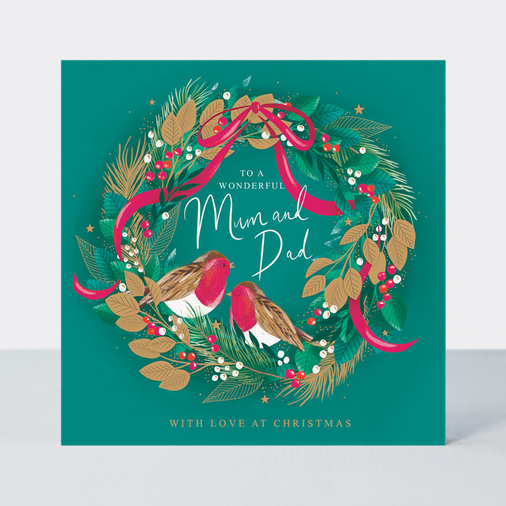 Cosy Christmas - Mum &amp; Dad/Robins On A Wreath - Greetings Card