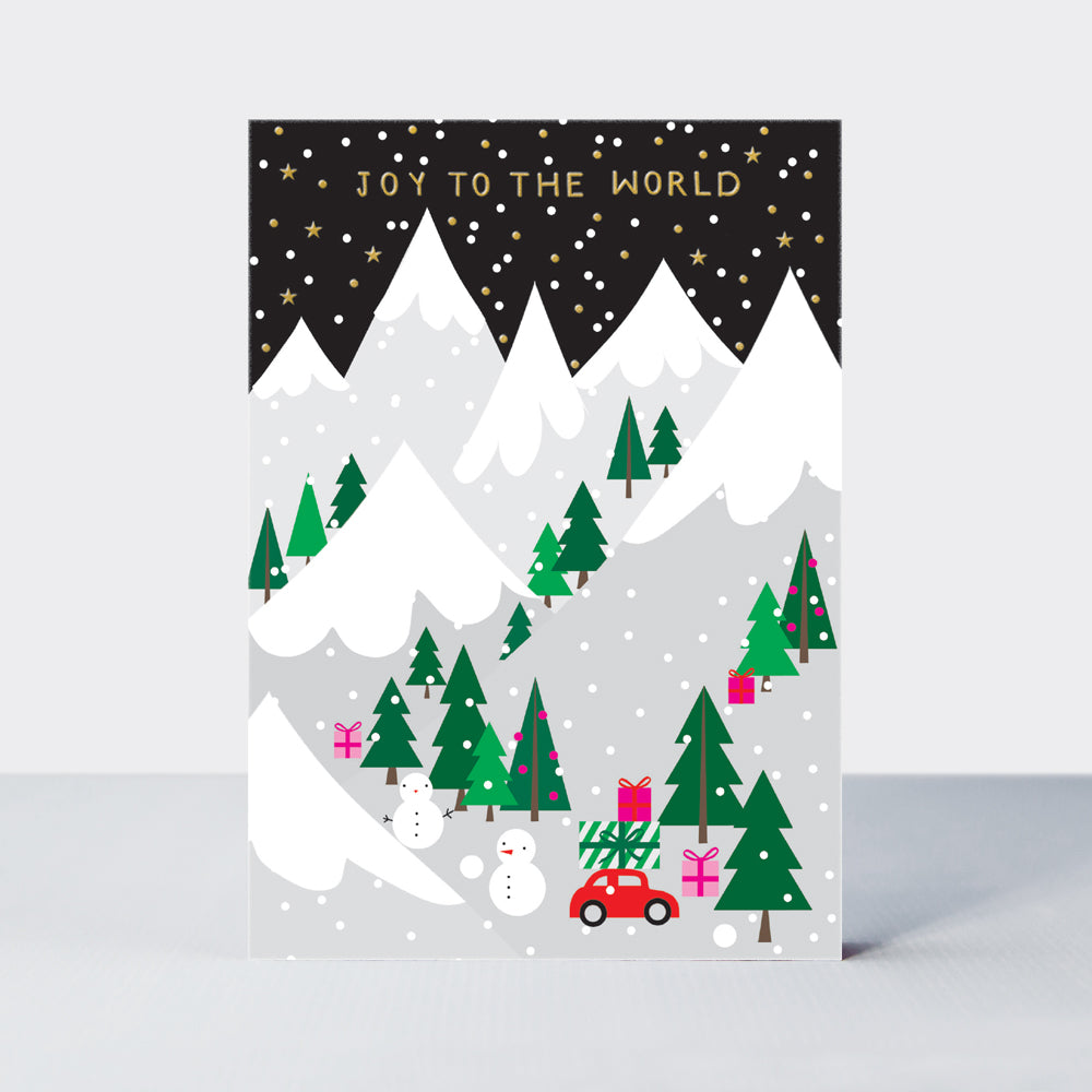 Christmas Card  - Joy To The World - Snow Scene -Evergreen