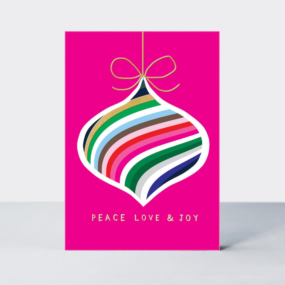 Joy - Love, Peace &amp; Joy/Stripy Christmas Bauble Christmas Card