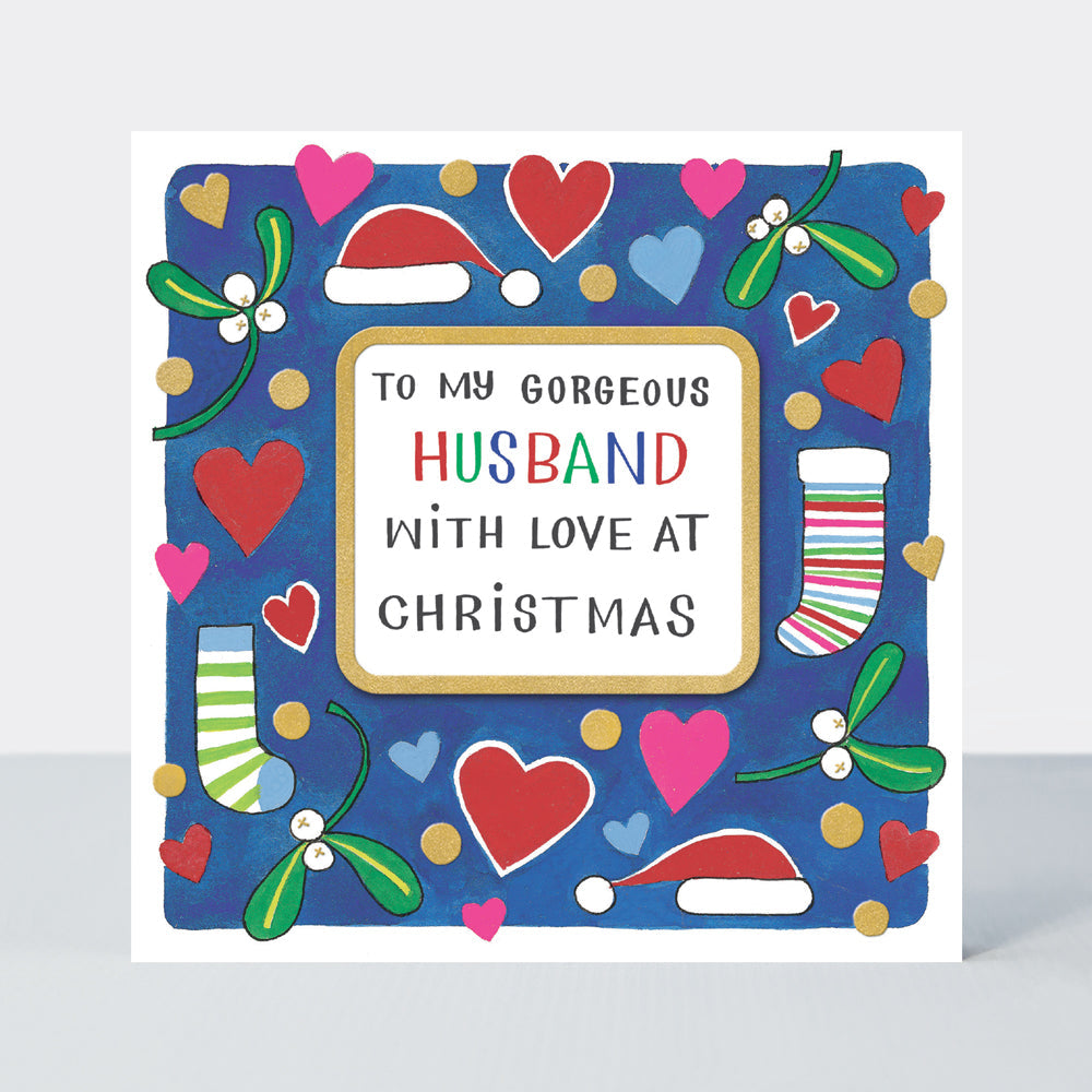 Christmas Card - Gorgeous Husband - Hearts, Mistletoe &amp; Santa Hats