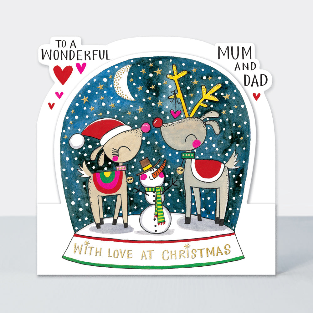 Christmas Card Side by Side - Wonderful Mum &amp; Dad/Reindeer Snow Globe