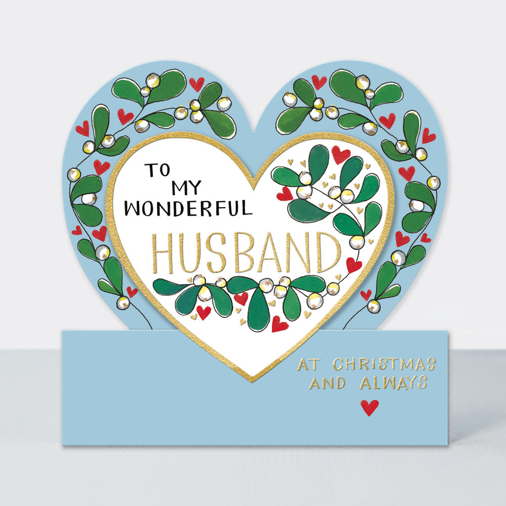 Christmas Card Side by Side - Wonderful Husband/Mistletoe Heart