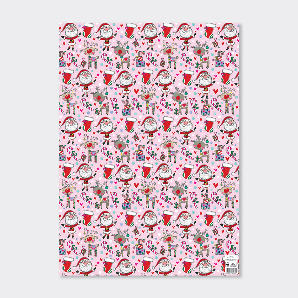 Christmas Gift Wrap Sheet - Santa &amp; Reindeer - Pink &amp; Red