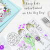 Wedding colouring book page showing bride and groom illustration for kids to colour