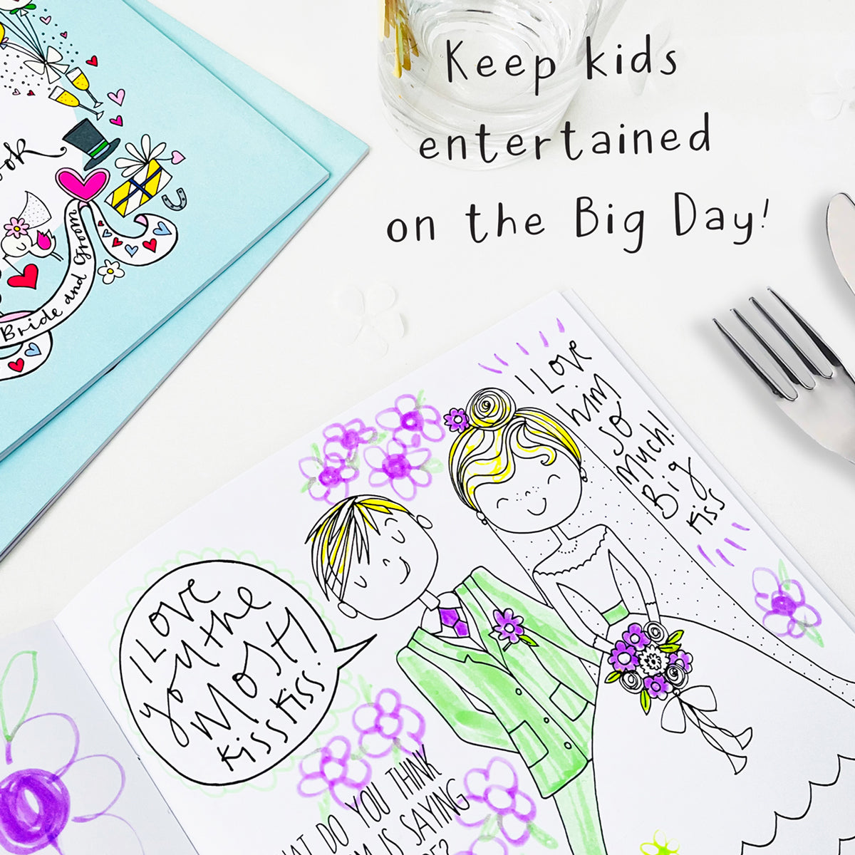 Wedding colouring book page showing bride and groom illustration for kids to colour