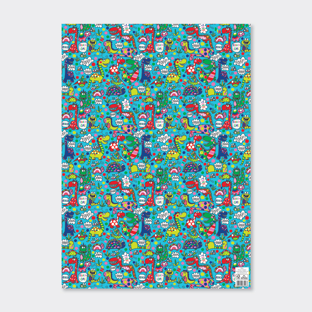 Gift Wrap Sheet  - Dinosaurs on teal